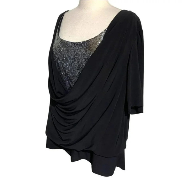 Collection Dress Barn 22/24 black draped neck silver sequined attached top - Picture 2 of 7